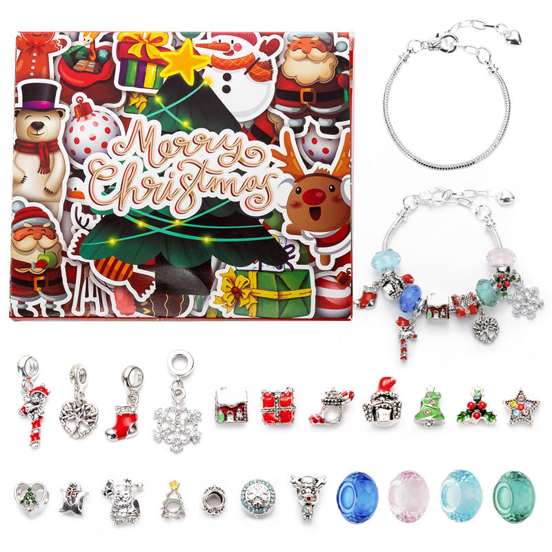 DIY Creative Children’s Bracelet Jewelry – 24-Grid Calendar Christmas Holiday Surprise Blind Box Silver Set