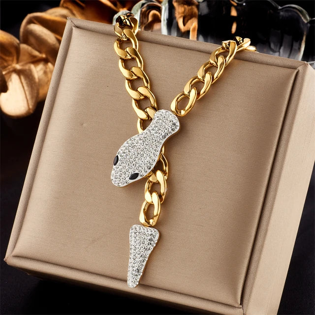 Stainless Steel Punk Gold Plated Cubic Zirconia Pendant Cuban Link Statement Necklace for Women & Men
