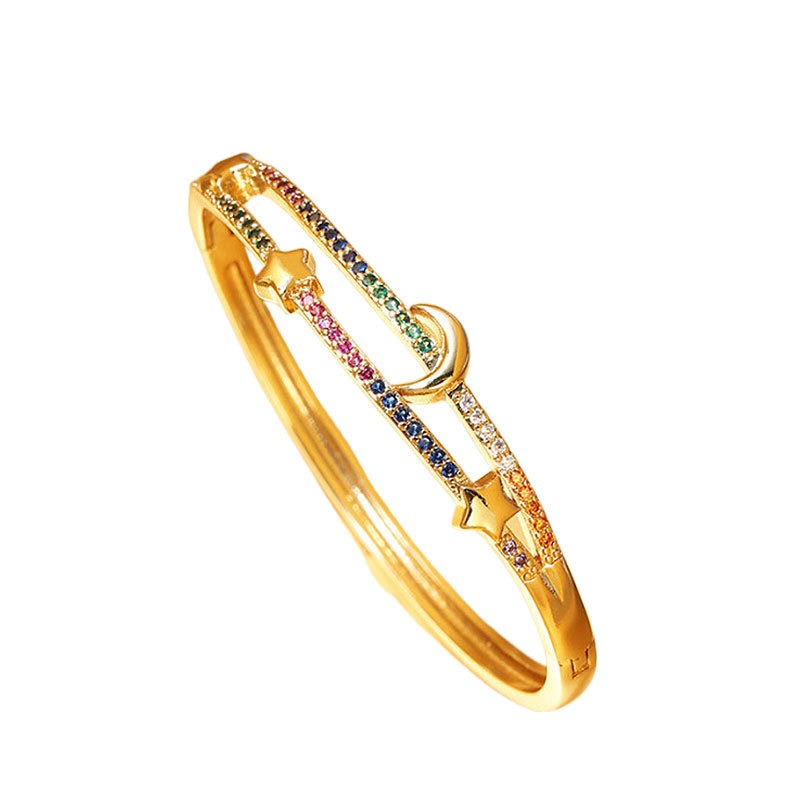 Copper Plated 18K Gold Micro Inlaid Zircon Moon Star Bracelet – Luxury Electroplated Jewelry Gift for Women