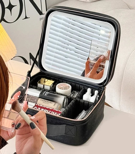 Light Up Box Vanity Organizer Portable Makeup Bag Mirror with LED Light – Travel Cosmetic Storage Case