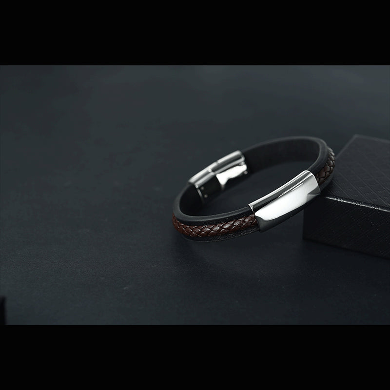 Vintage Stainless Steel Braided Black Leather Bracelet – Trendy Men’s Must-Have Jewelry