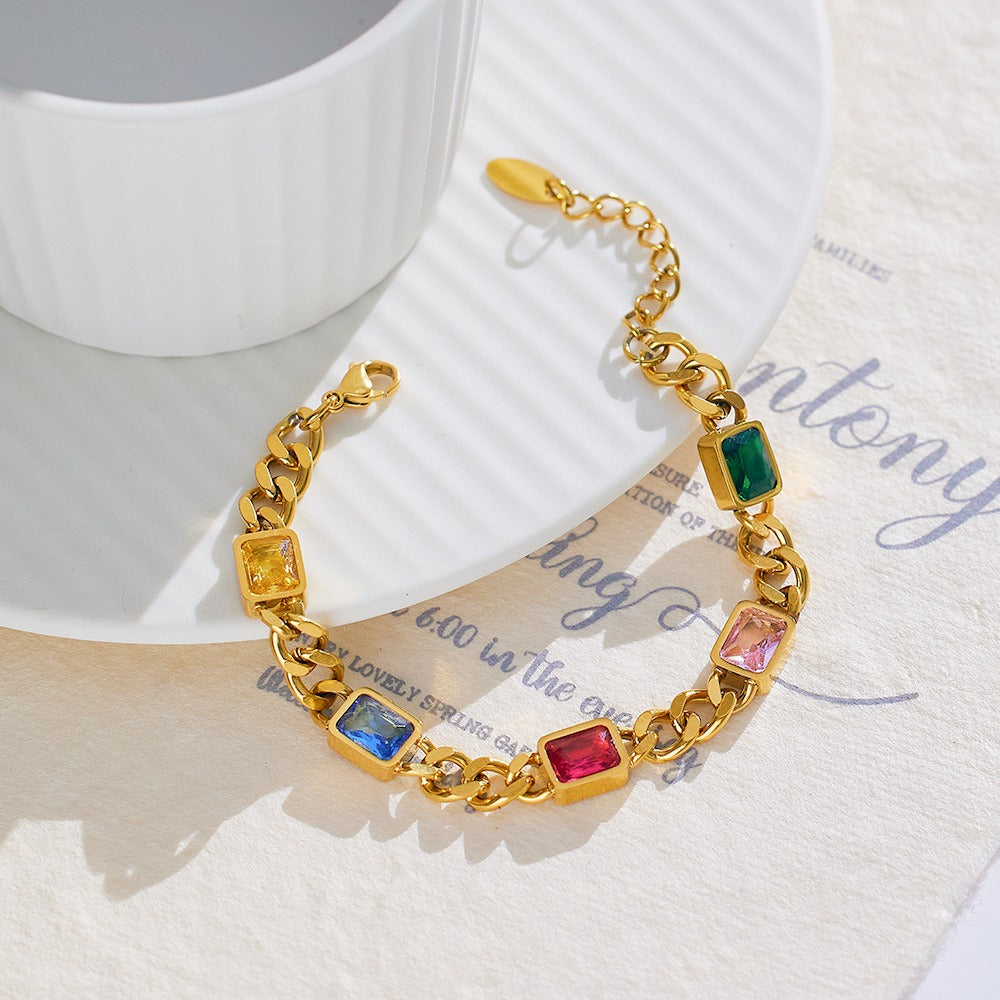 18K Gold Multicolored Gemstone Stainless Steel Bracelet – Luxury Vibrant Fashion Jewelry