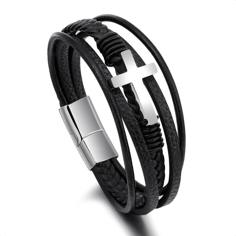 Braided Handmade Leather Magnetic Buckle Cross Bracelet – Men’s Titanium Steel Jewelry