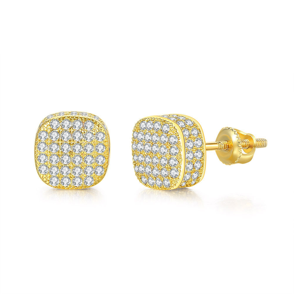 Full Zircon Threaded Earrings – Hip Hop Geometric Gold-Plated Jewelry for Women