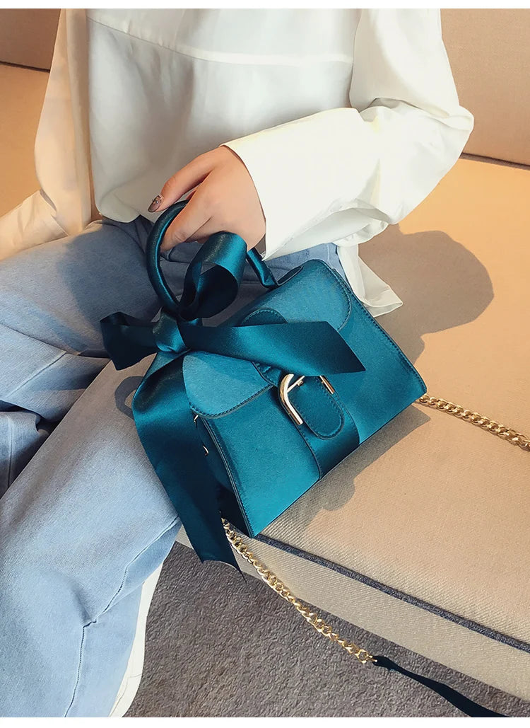 Top-Handle Bags for Women – European Style Velvet Chain Handbag with Bow Crossbody Bag