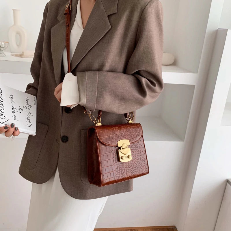 Mini Stone Pattern PU Leather Crossbody Bags for Women – Designer Lock Shoulder Bag, Simple Travel Handbag