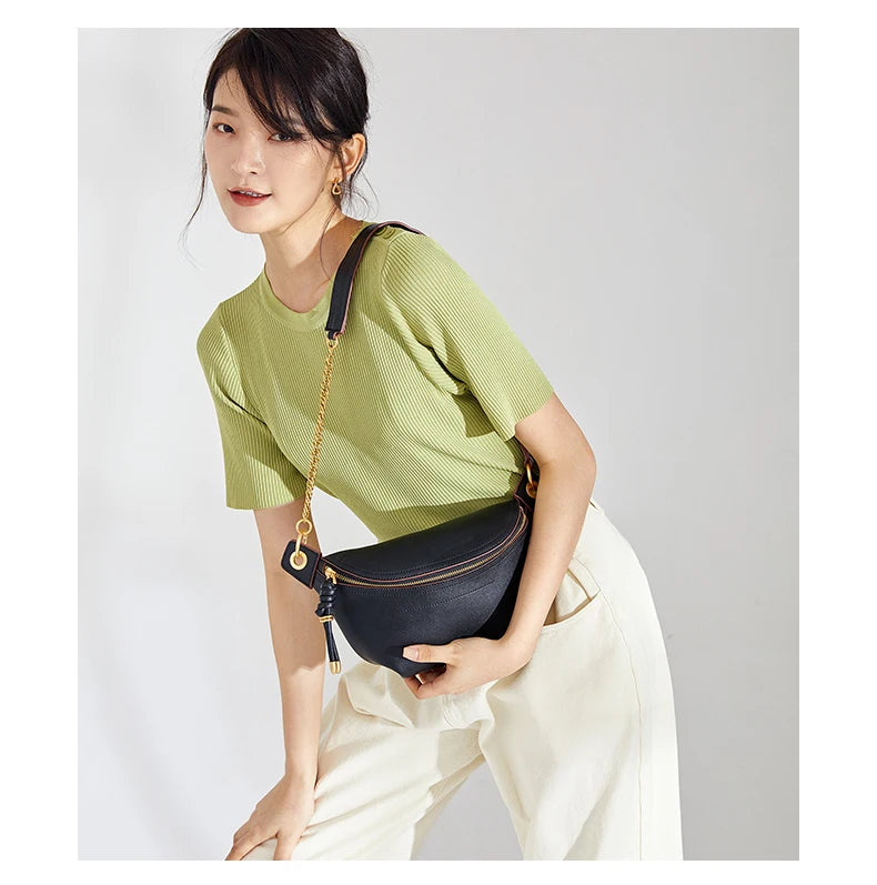 100% Genuine Leather Women’s Waist Bag – Luxury Shoulder & Crossbody Chain Belt Bag