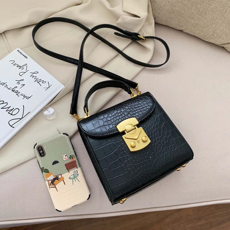 Mini Stone Pattern PU Leather Crossbody Bags for Women – Designer Lock Shoulder Bag, Simple Travel Handbag