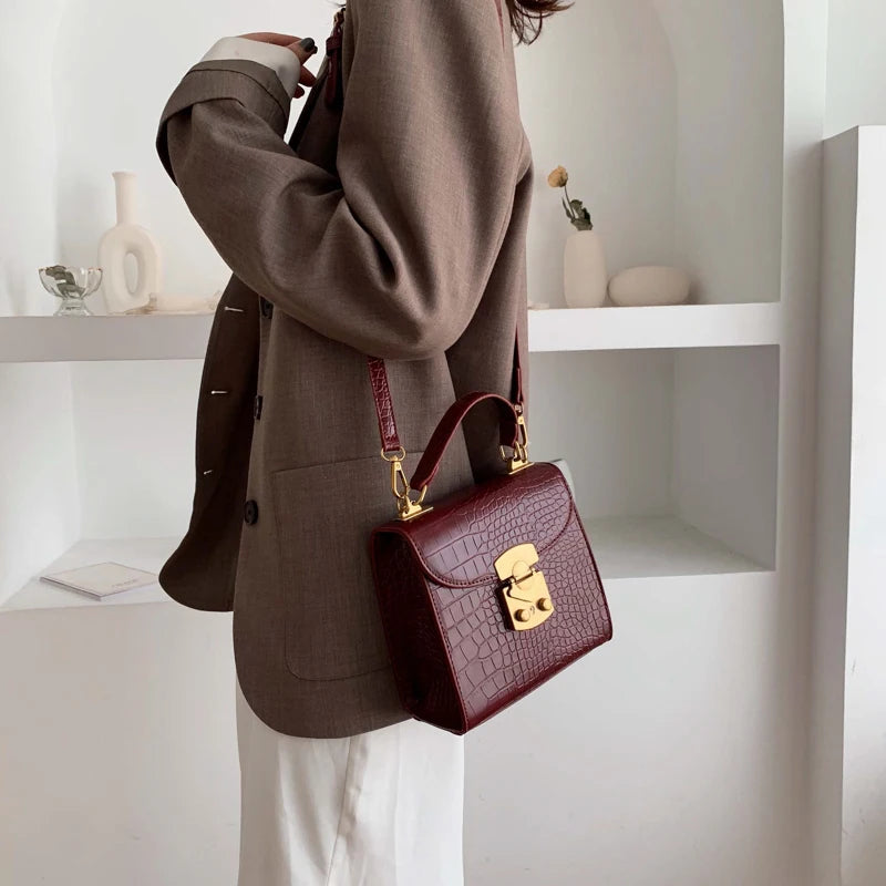 Mini Stone Pattern PU Leather Crossbody Bags for Women – Designer Lock Shoulder Bag, Simple Travel Handbag