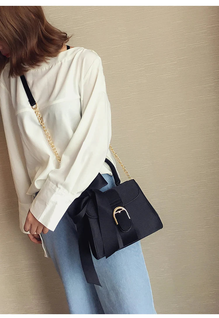 Top-Handle Bags for Women – European Style Velvet Chain Handbag with Bow Crossbody Bag