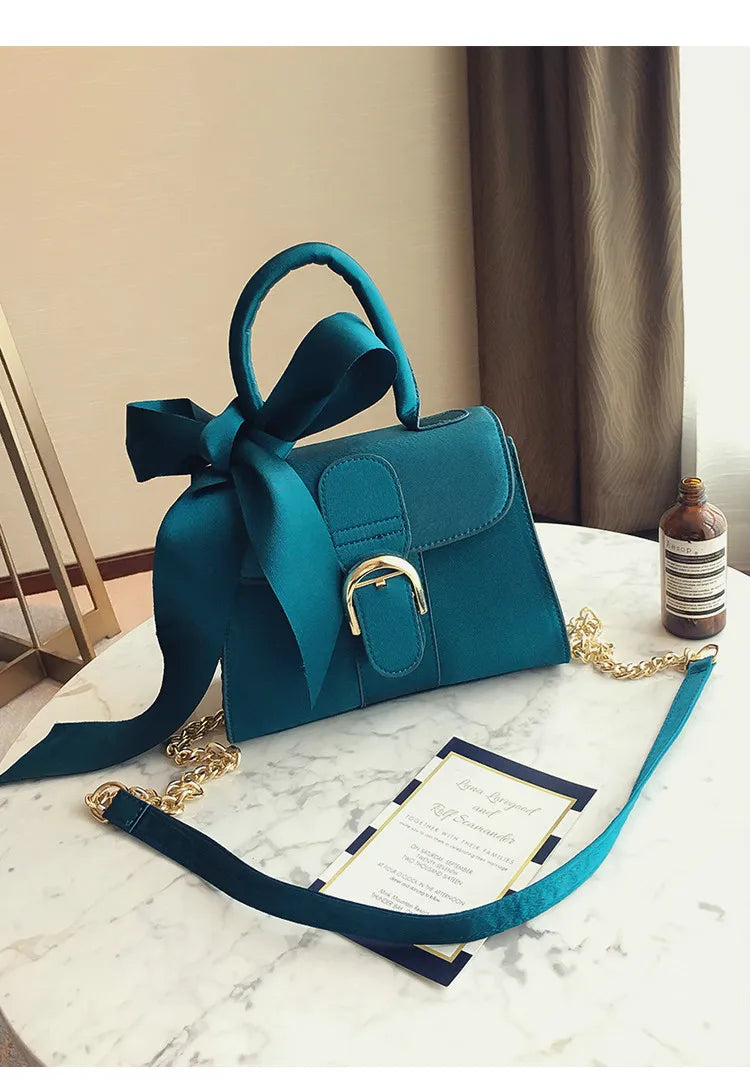 Top-Handle Bags for Women – European Style Velvet Chain Handbag with Bow Crossbody Bag