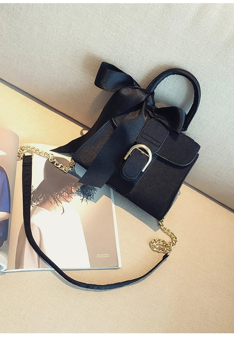 Top-Handle Bags for Women – European Style Velvet Chain Handbag with Bow Crossbody Bag