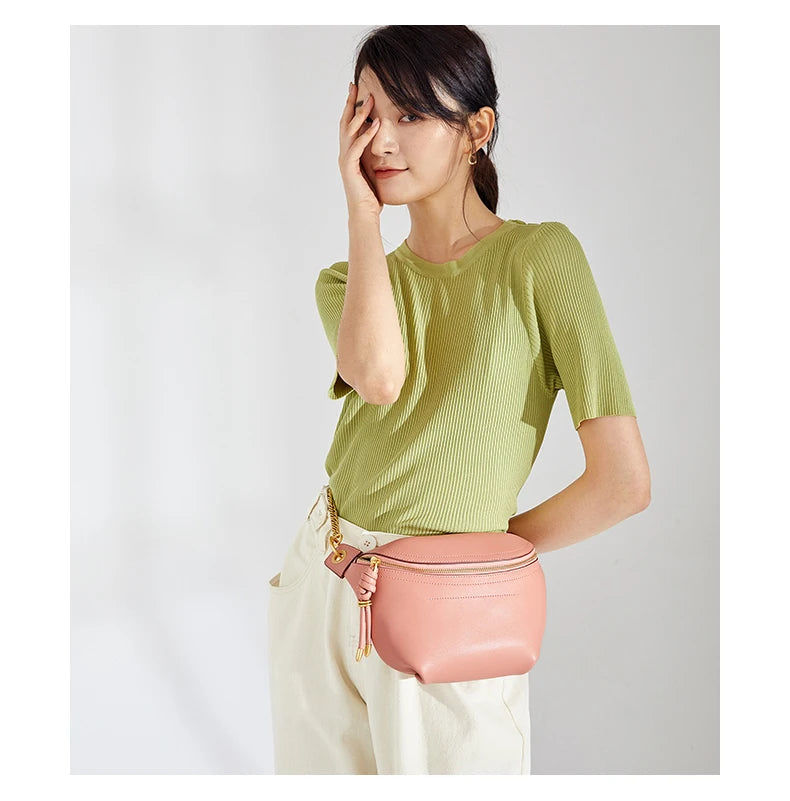 100% Genuine Leather Women’s Waist Bag – Luxury Shoulder & Crossbody Chain Belt Bag