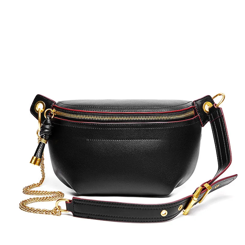 100% Genuine Leather Women’s Waist Bag – Luxury Shoulder & Crossbody Chain Belt Bag