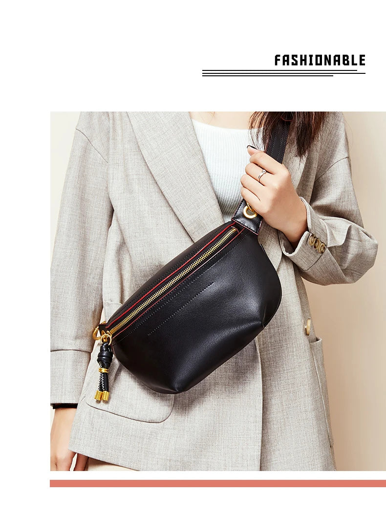 100% Genuine Leather Women’s Waist Bag – Luxury Shoulder & Crossbody Chain Belt Bag