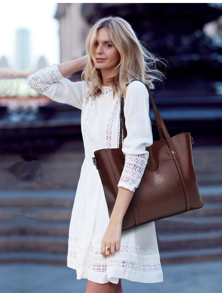 Oil Wax Women’s Leather Handbag – Luxury Lady Hand Bag with Purse Pocket & Messenger Design