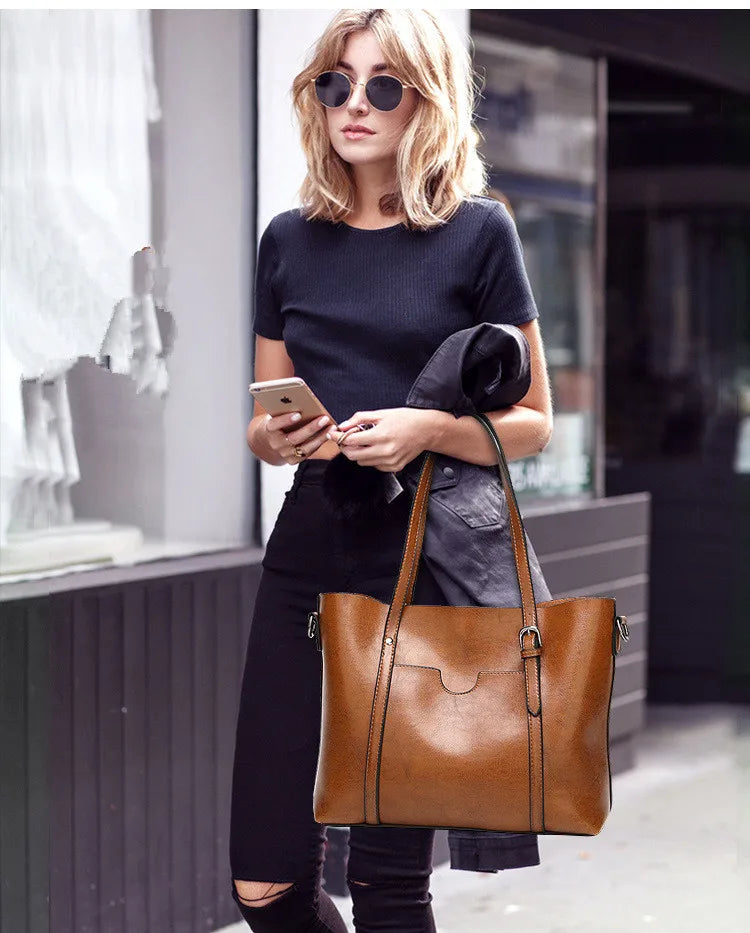 Oil Wax Women’s Leather Handbag – Luxury Lady Hand Bag with Purse Pocket & Messenger Design