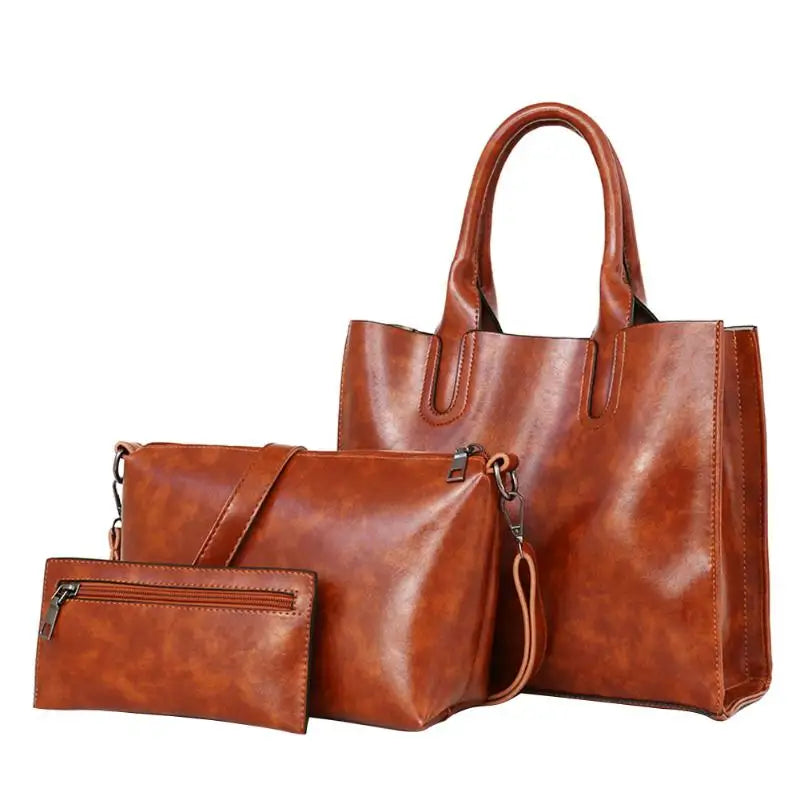 3 Pcs/Set Oil Wax Leather Women Bags – Casual Leather Handbags, Trunk Tote & Shoulder Bag