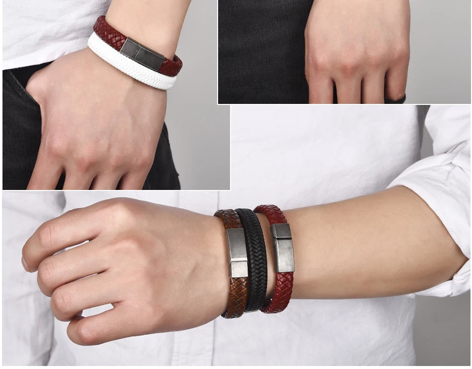 Punk Braided Leather Bracelet for Men – Stainless Steel Magnetic Clasp Fashion Jewelry AAA+++