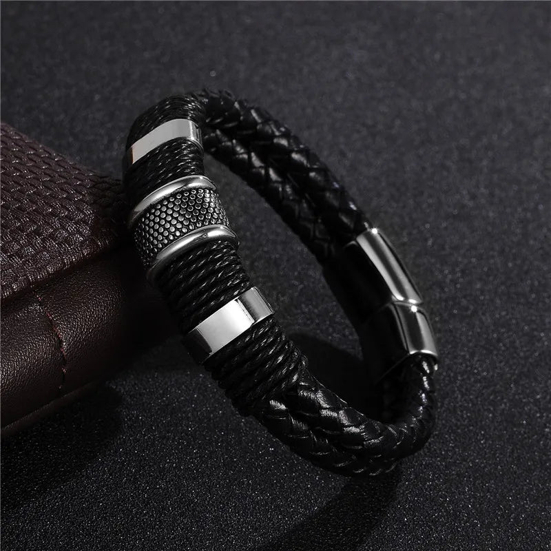 Black Braid Woven Leather Titanium Stainless Steel Bracelet – Men’s Vintage Jewelry Bangle