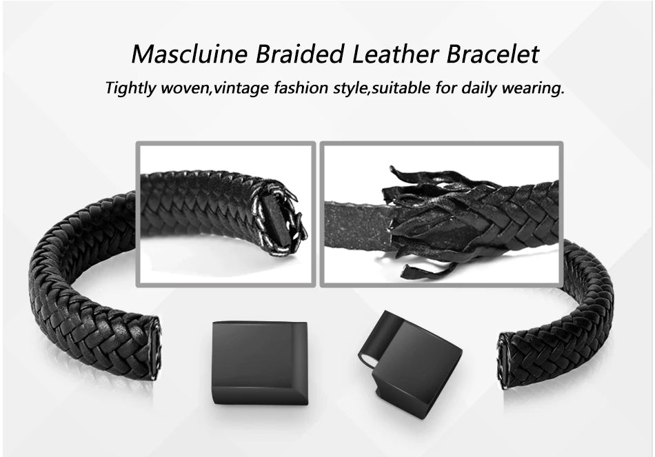 Punk Braided Leather Bracelet for Men – Stainless Steel Magnetic Clasp Fashion Jewelry AAA+++