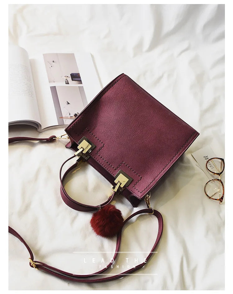 Luxury Suede Leather Handbag for Women – Casual Tote Bag, Large Shoulder & Messenger Bag, High-Quality Women’s Handbag with Fur Ball