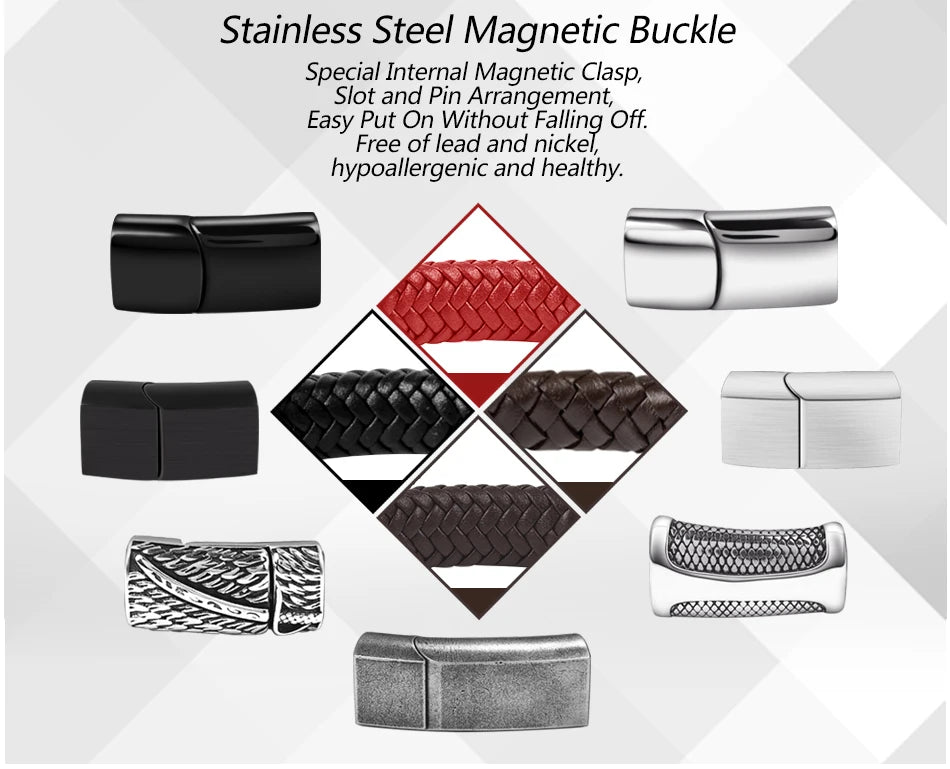 Punk Braided Leather Bracelet for Men – Stainless Steel Magnetic Clasp Fashion Jewelry AAA+++