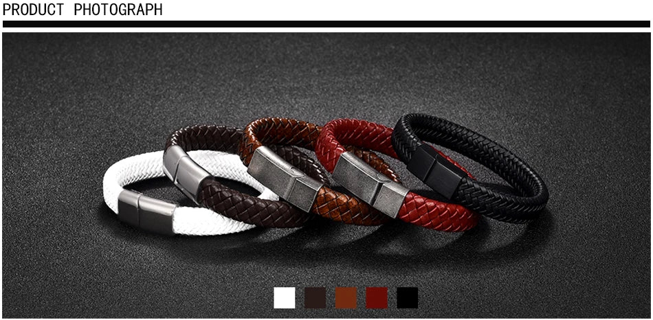 Punk Braided Leather Bracelet for Men – Stainless Steel Magnetic Clasp Fashion Jewelry AAA+++