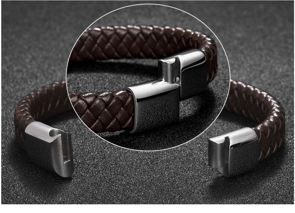 Punk Braided Leather Bracelet for Men – Stainless Steel Magnetic Clasp Fashion Jewelry AAA+++