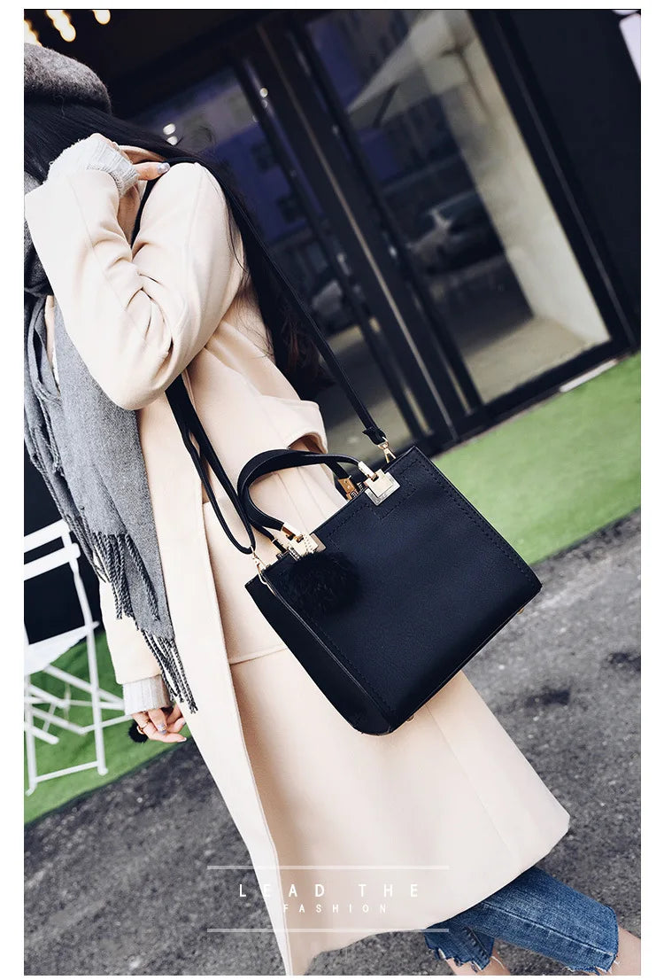 Luxury Suede Leather Handbag for Women – Casual Tote Bag, Large Shoulder & Messenger Bag, High-Quality Women’s Handbag with Fur Ball