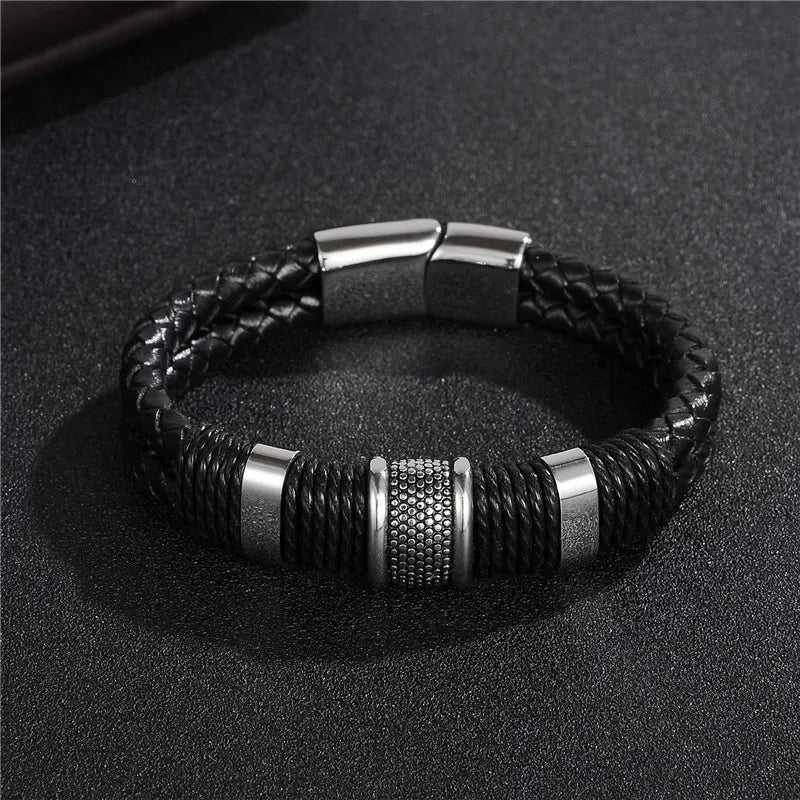 Black Braid Woven Leather Titanium Stainless Steel Bracelet – Men’s Vintage Jewelry Bangle