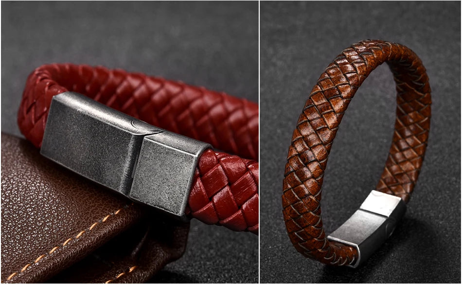Punk Braided Leather Bracelet for Men – Stainless Steel Magnetic Clasp Fashion Jewelry AAA+++