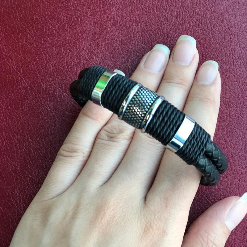 Black Braid Woven Leather Titanium Stainless Steel Bracelet – Men’s Vintage Jewelry Bangle
