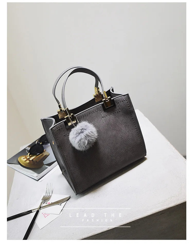Luxury Suede Leather Handbag for Women – Casual Tote Bag, Large Shoulder & Messenger Bag, High-Quality Women’s Handbag with Fur Ball