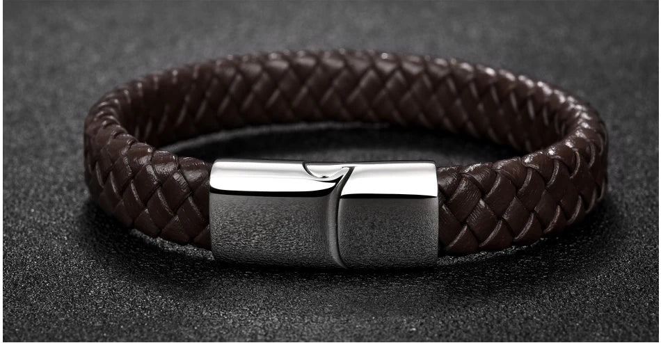 Punk Braided Leather Bracelet for Men – Stainless Steel Magnetic Clasp Fashion Jewelry AAA+++
