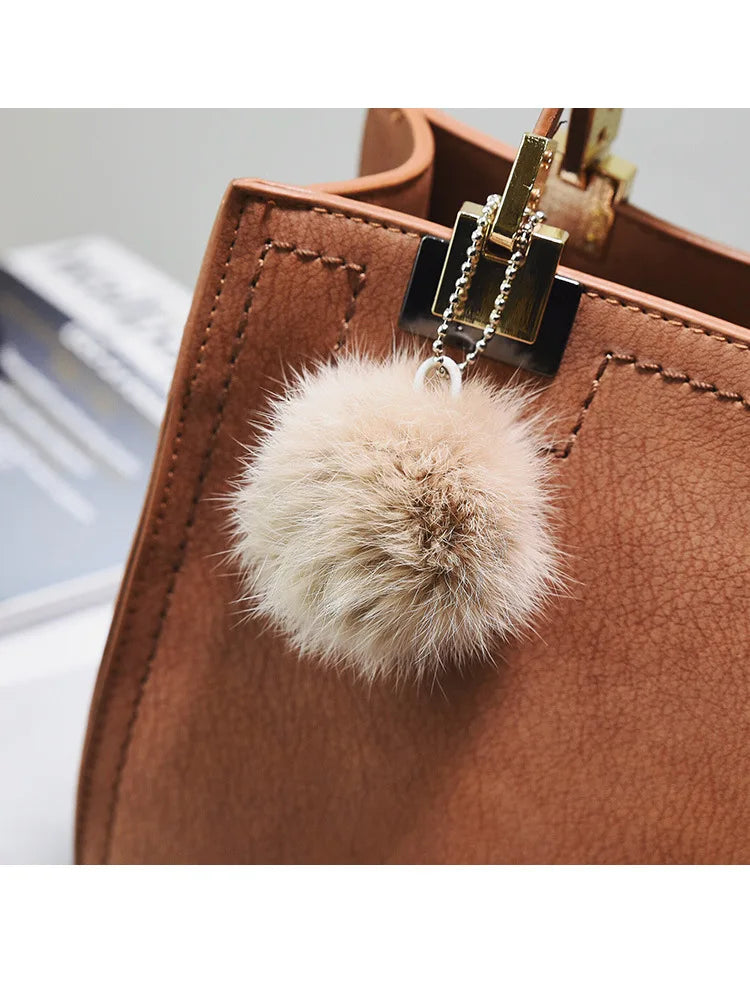Luxury Suede Leather Handbag for Women – Casual Tote Bag, Large Shoulder & Messenger Bag, High-Quality Women’s Handbag with Fur Ball