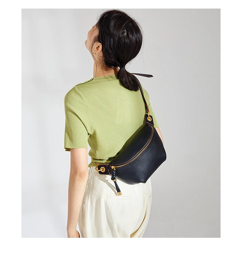100% Genuine Leather Women’s Waist Bag – Luxury Shoulder & Crossbody Chain Belt Bag