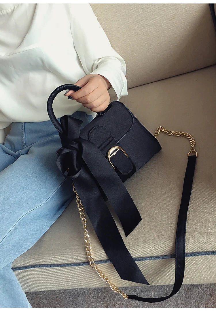 Top-Handle Bags for Women – European Style Velvet Chain Handbag with Bow Crossbody Bag