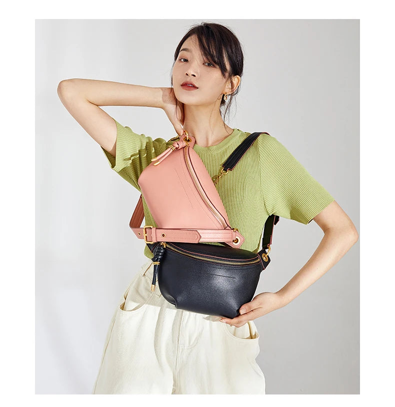 100% Genuine Leather Women’s Waist Bag – Luxury Shoulder & Crossbody Chain Belt Bag