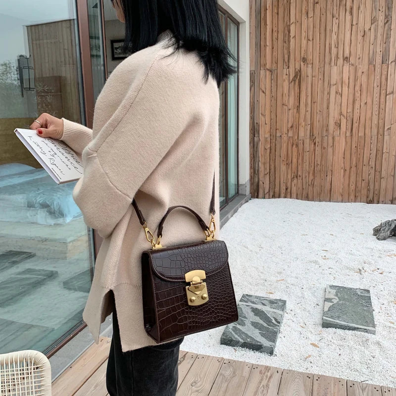 Mini Stone Pattern PU Leather Crossbody Bags for Women – Designer Lock Shoulder Bag, Simple Travel Handbag