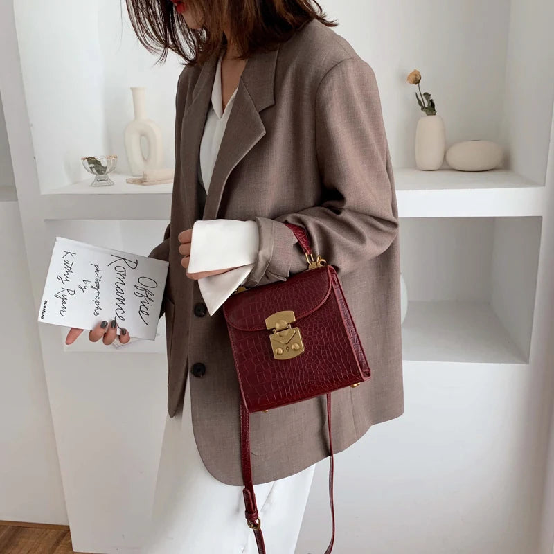 Mini Stone Pattern PU Leather Crossbody Bags for Women – Designer Lock Shoulder Bag, Simple Travel Handbag