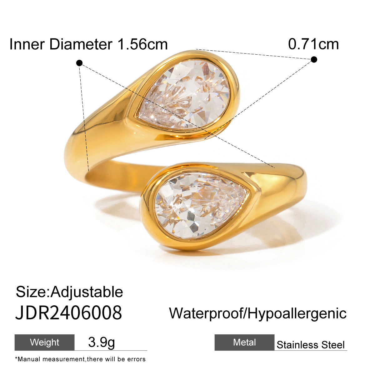 18K Gold Stainless Steel Zircon Opening Ring – Stylish Titanium Steel Hand Jewelry