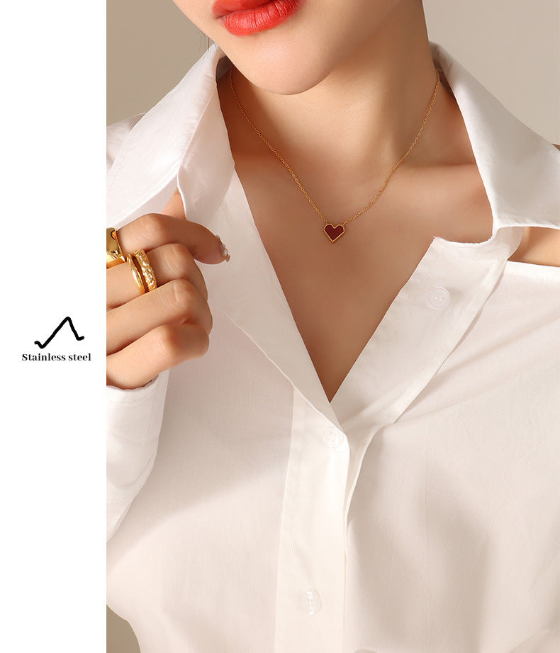 18K Gold Titanium Steel Love Clavicle Chain Necklace – Retro Acrylic Peach Heart Jewelry