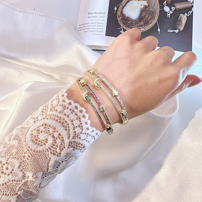 Copper Plated 18K Gold Micro Inlaid Zircon Moon Star Bracelet – Luxury Electroplated Jewelry Gift for Women