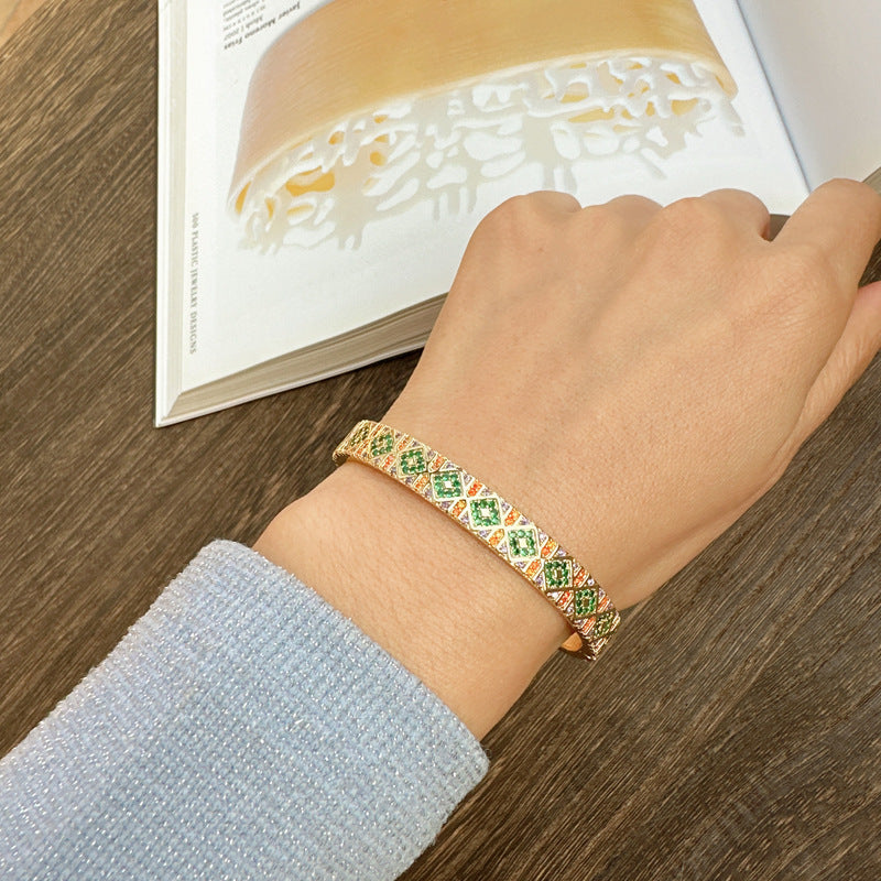 Copper Plated Gold Inlaid Zirconium Bracelet – Geometric Square Buckle Luxury Jewelry