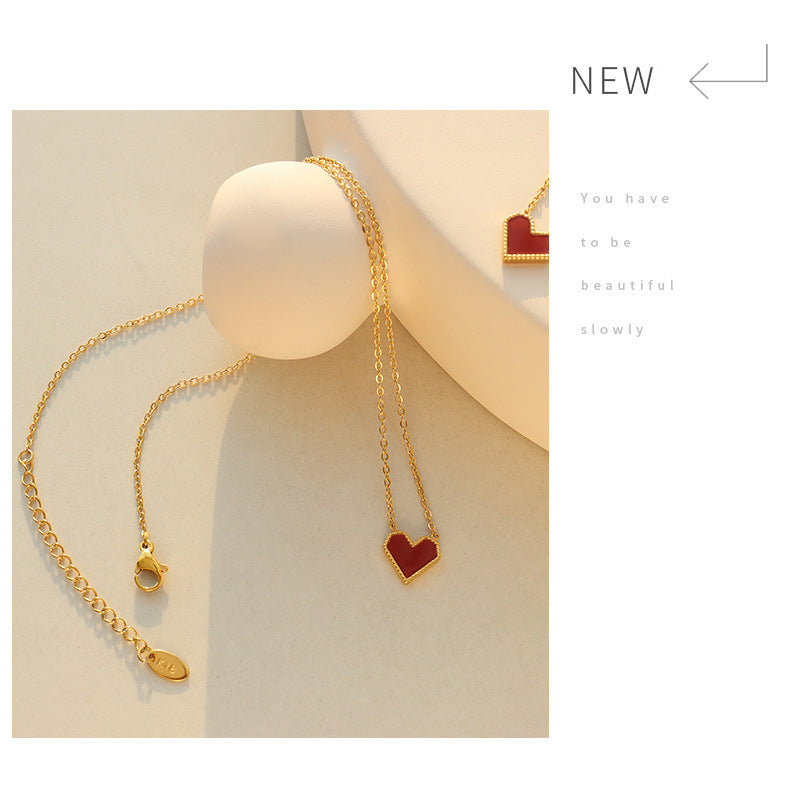 18K Gold Titanium Steel Love Clavicle Chain Necklace – Retro Acrylic Peach Heart Jewelry