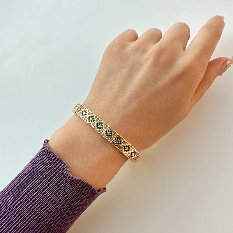 Copper Plated Gold Inlaid Zirconium Bracelet – Geometric Square Buckle Luxury Jewelry