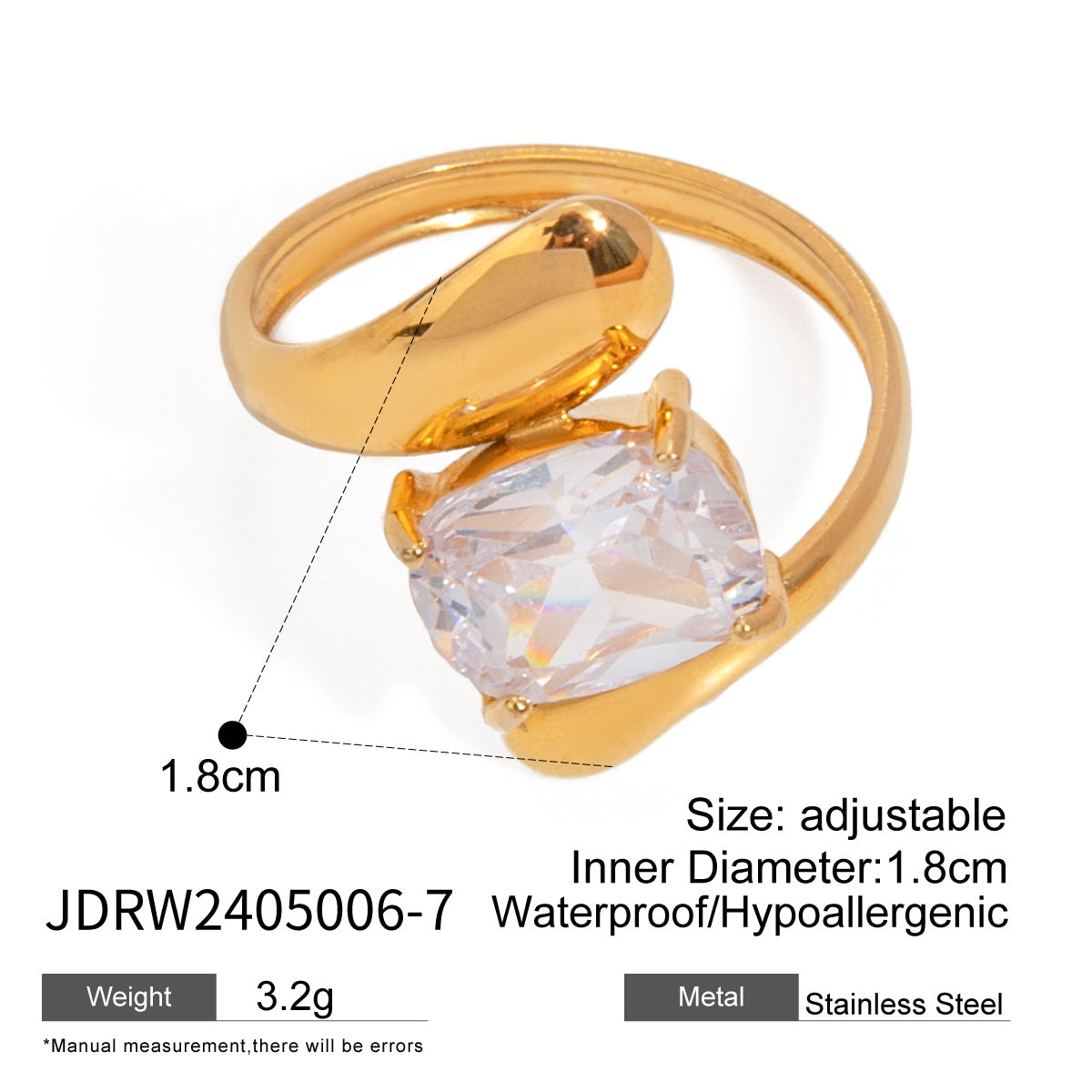 18K Gold Stainless Steel Zircon Opening Ring – Stylish Titanium Steel Hand Jewelry