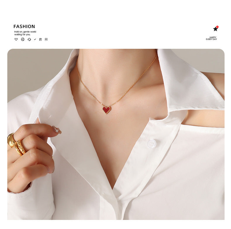 18K Gold Titanium Steel Love Clavicle Chain Necklace – Retro Acrylic Peach Heart Jewelry