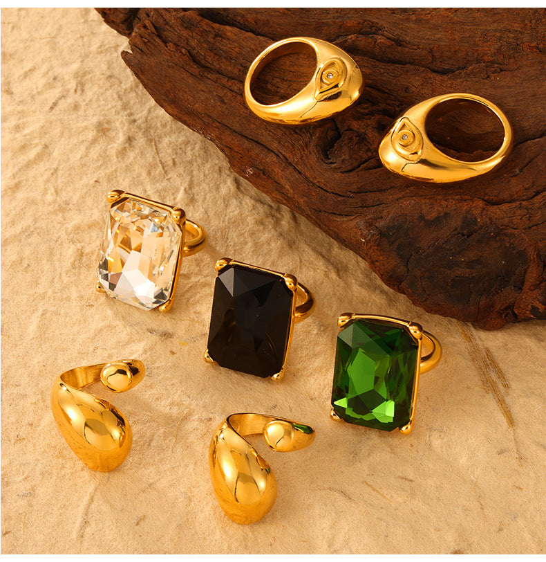 Diamond Inlaid Geometric Ring – Gold-Plated Titanium Steel Textured Women's Index Finger Jewelry